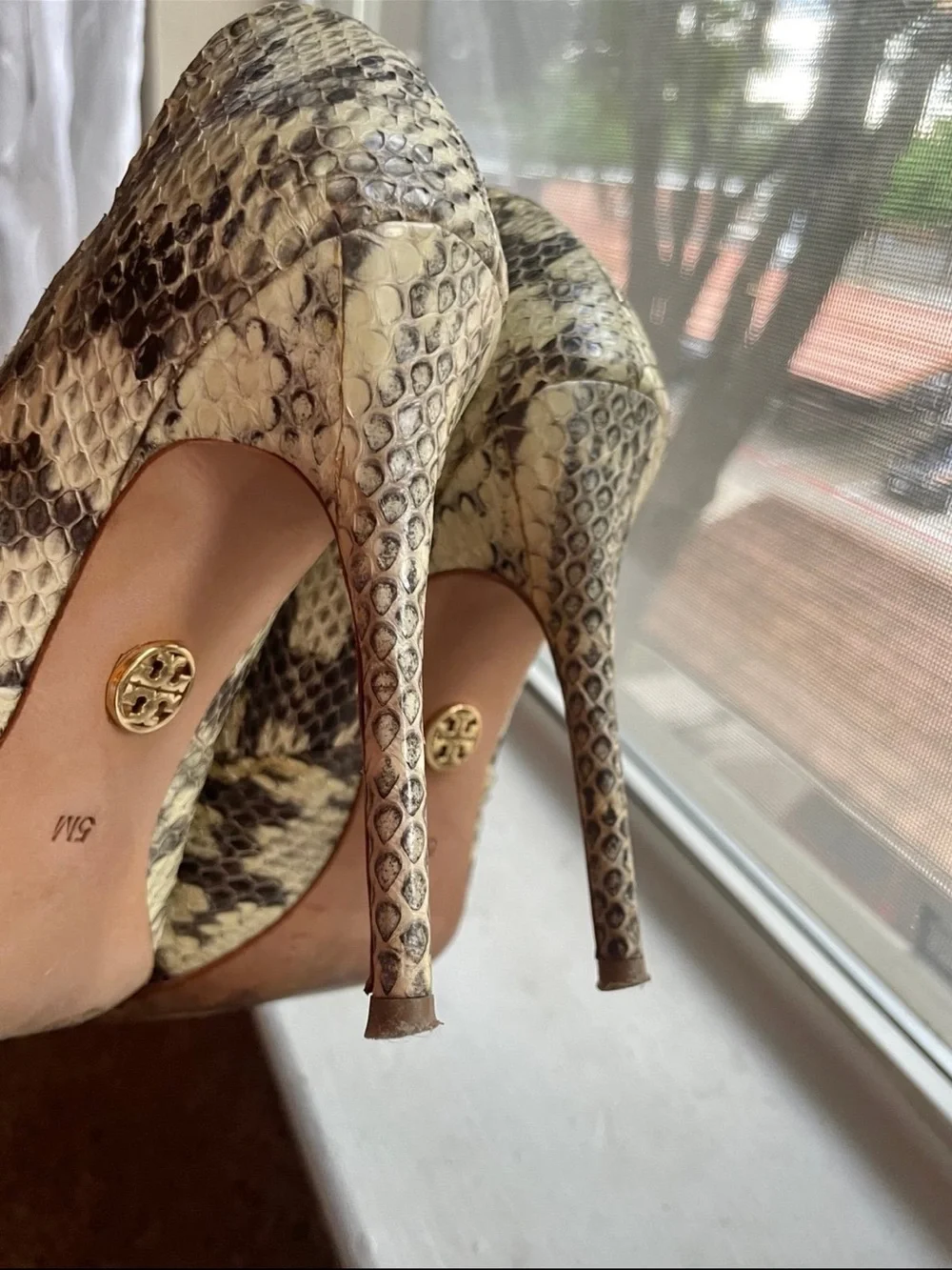 Women’s Snake-Print Peep-Toe Pumps tan color print